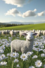 Fototapeta premium Sheep in flower grass field in Spring.