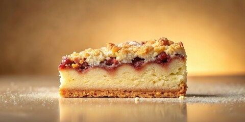 A delectable slice of homemade crumble cake, featuring a sweet berry filling and a buttery, golden-brown crust, sits on a smooth surface, dusted with powdered sugar.