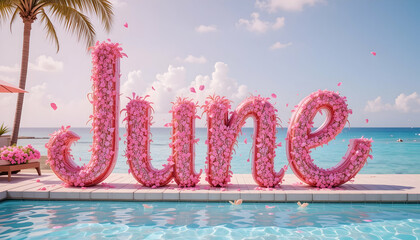Floral June Lettering Near Pool with Tropical Beach Background
