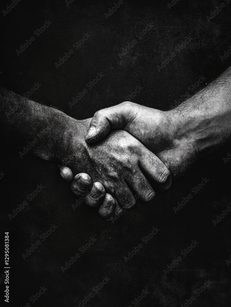 Fototapete Grunge style handshake symbolizing unity and strength between two individuals in a dark, textured environment. Generative AI