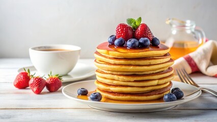A stack of golden pancakes drizzled with syrup, topped with fresh raspberries and blueberries, served with a cup of tea and strawberries on the side, a delightful breakfast scene.