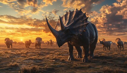 Fototapeta premium Triceratops herd grazes in prehistoric field at vibrant sunset