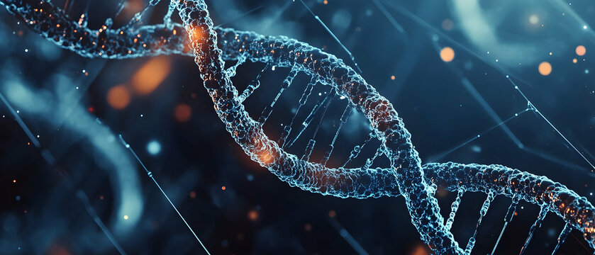 Close-up of a DNA strand being synthesized on a digital interface - - Powered by Adobe