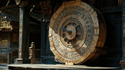 Fototapeta premium A large ornately carved wooden wheel rests within a building