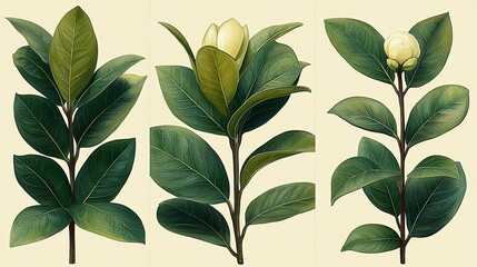 Fototapeta premium Three magnolia branches with leaves and blossoms, detailed botanical illustration.
