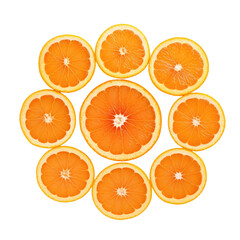 Multiple slices of fresh bright orange isolated on white background