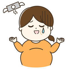 お金が飛んでいって悲しい太った女性の上半身のゆるかわイラスト