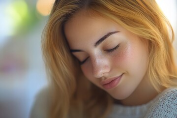 Fototapeta premium A freckled blond woman gazes at her cell phone, absorbed in her screen, showcasing a moment of modern communication and personal reflection.