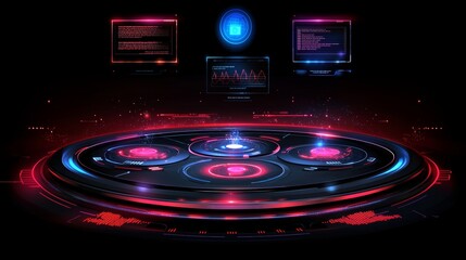 Obraz premium Futuristic Sci-Fi Interface Displaying Data Analytics Virtual Command Center Digital Screens Red Neon Glow High-Tech Perspective