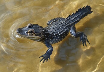 Naklejka premium Young Alligator Swimming in Clear Water, Sunlight and Reflections Highlighting Its Textured Scales and Sharp Eyes, Nature Photography of Reptile Habitat