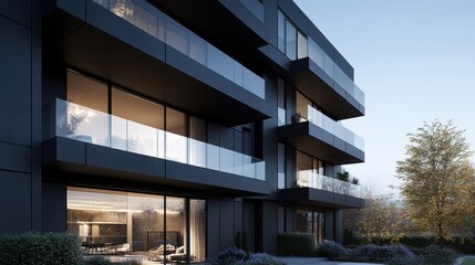 Fototapeta premium Aerial view of a sleek modern apartment building featuring a striking glass balcony, showcasing contemporary architecture and urban living.