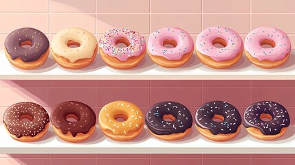 Flat illustration of National Donuts Day, featuring a colorful donut shop display with a variety of donuts (glazed, chocolate, sprinkles) on shelves, harmonious pastel tones