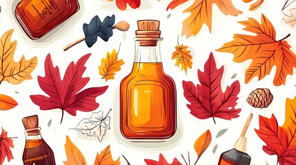 Bohemian flat illustration background for National Maple Syrup Day, featuring hand-drawn maple syrup bottles, dripping golden syrup, and autumn leaves in an artistic, organic pattern
