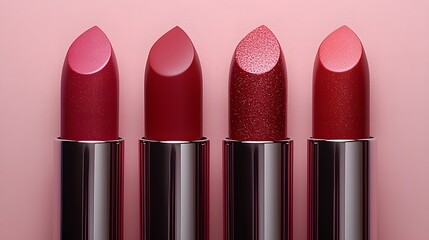 Obraz premium Four different lipsticks with varying shades displayed on a pink backdrop