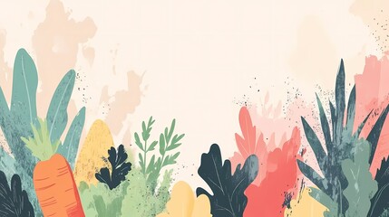 background for Veggie Month with stylized hand-drawn vegetables, soft pastel hues, textured boho patterns, and playful organic forms. Use a unique