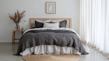 Modern bedroom with dark gray linen bedding