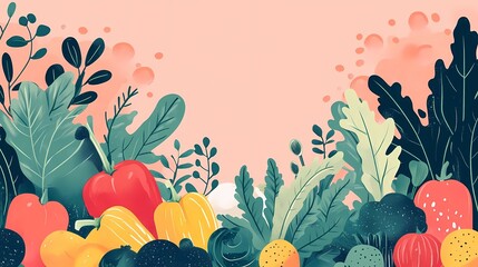 Creative bohemian flat illustration for Veggie Month, featuring a vibrant composition of fresh vegetables, leafy greens, and whimsical floral patterns in a free-spirited artistic style
