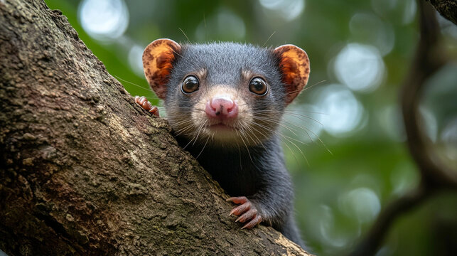 Adorable small asian mongoose on tree branch wildlife photography fur cute.