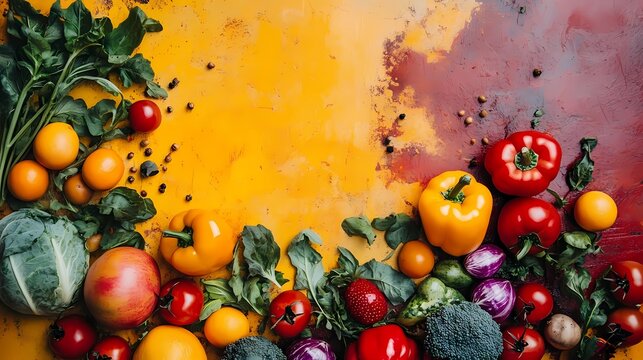 Veggie Month, featuring artistic arrangements of fresh produce, abstract nature-inspired shapes, and cozy rustic aesthetics. Incorporate vibrant, unique colors with balanced contrasts