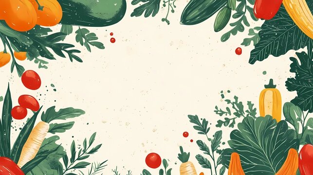 Creative bohemian flat illustration for Veggie Month, featuring a vibrant composition of fresh vegetables, leafy greens, and whimsical floral patterns in a free-spirited artistic style