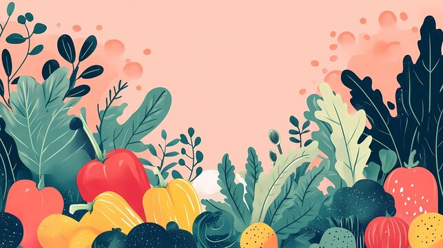 Creative bohemian flat illustration for Veggie Month, featuring a vibrant composition of fresh vegetables, leafy greens, and whimsical floral patterns in a free-spirited artistic style