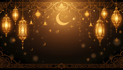 Arabic traditional Ramadan Kareem eastern lanterns garland. Muslim ornamental hanging golden lanterns, stars and moon vector illustration set. Islamic oriental style garland