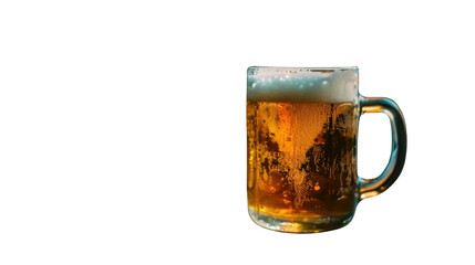 Refreshing golden beer glass with bubbles on transparent background