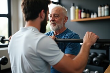 Obraz premium A Focused Interaction Between a Young Adult Male Trainer and an Elderly Man in a Modern Gym Setting, Engaged in Strength Training and Personal Coaching
