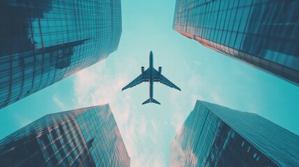 A raffle plane soars above a bustling cityscape, showcasing towering buildings and vibrant urban life from an aerial perspective.