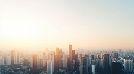 Fototapeta premium Aerial perspective of a bustling cityscape featuring skyscrapers and an airplane soaring above, capturing urban life in dynamic motion.