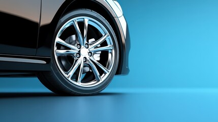 A detailed close-up of a car wheel set against a vibrant blue background, highlighting the intricate design and texture of the wheel.