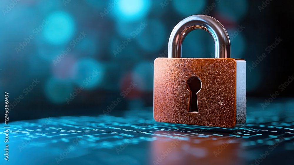 Aufkleber glowing digital padlock symbolizes cybersecurity, with futuristic design and focus on data protection. lock is set against blurred background of digital patterns, emphasizing security