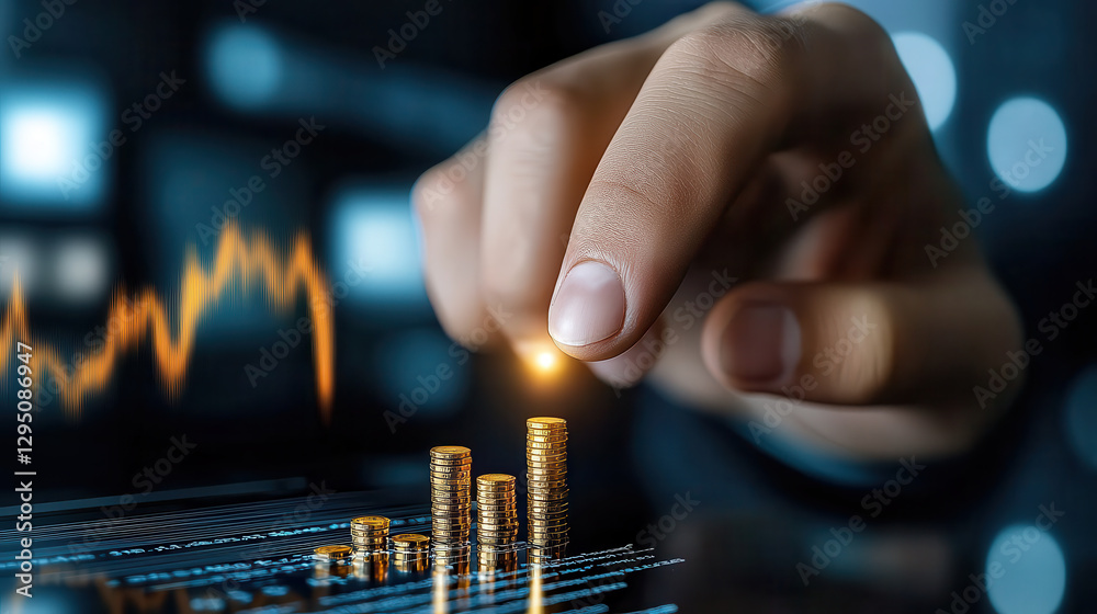 Poster hand stacking coins on digital screen with financial graph in background, symbolizing investment gro