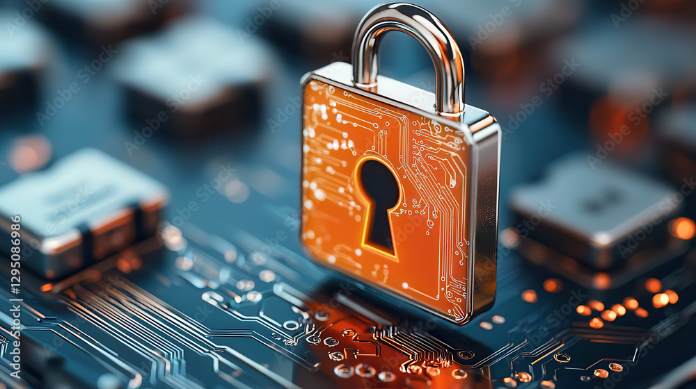 Leinwandbilder padlock on circuit board symbolizes cybersecurity in global finance, highlighting secure online tran