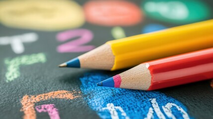 Colorful Pencils on Chalkboard with Numbers and Letters