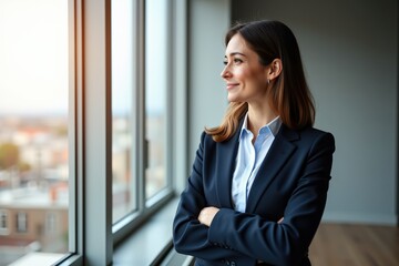 Fototapeta premium Confident Young Woman in Business Attire Contemplating Future from Office Window Overlooking Cityscape