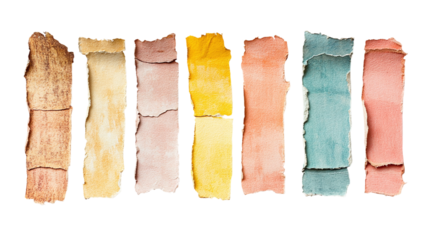 Assorted ripped textured paper strips isolated on transparent background - cut-out vintage collage design elements for text and messages.