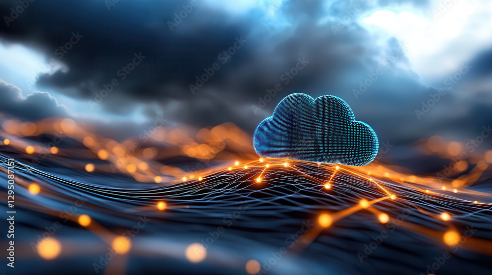 Poster digital cloud floats above network of glowing lines, symbolizing cloud computing and data connectivity. scene is set against dramatic sky, highlighting fusion of technology and nature