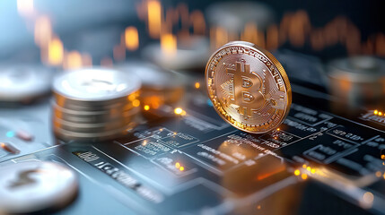 digital representation of Bitcoin on futuristic financial interface, symbolizing global economy and online banking