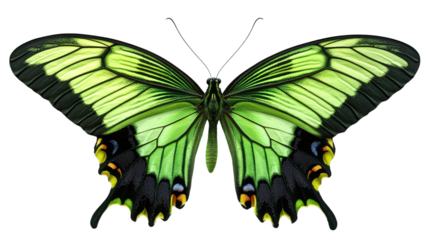 Beautiful green butterfly in png format with transparent background, ideal for digital art, nature-themed designs, and creative projects featuring detailed and vibrant wings.