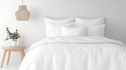 A serene room features a white bed adorned with crisp white sheets and fluffy pillows, creating a tranquil and inviting atmosphere.