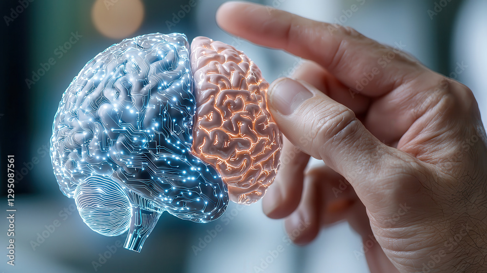 Aufkleber hand interacts with futuristic ai human hybrid brain, glowing blue on left side, symbolizing advance
