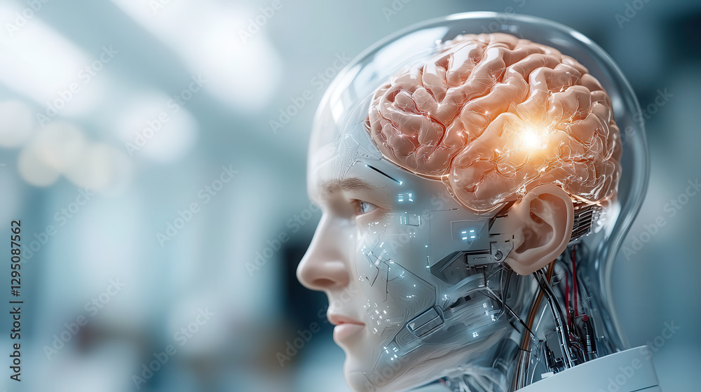 Leinwandbilder futuristic ai human hybrid with glowing brain left side, showcasing advanced technology and innovati