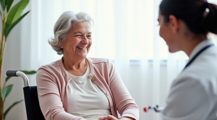 Obraz premium A Warm Interaction Between a Female Healthcare Professional and a Smiling Senior Woman in a Bright, Modern Medical Office Setting