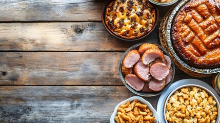 Rustic Thanksgiving Feast,  Wooden Table with Pies, Ham, and Side Dishes