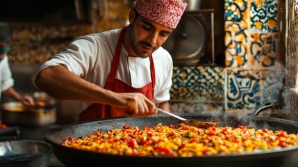 Chef skillfully preparing a vibrant paella in a bustling kitchen with colorful tiles