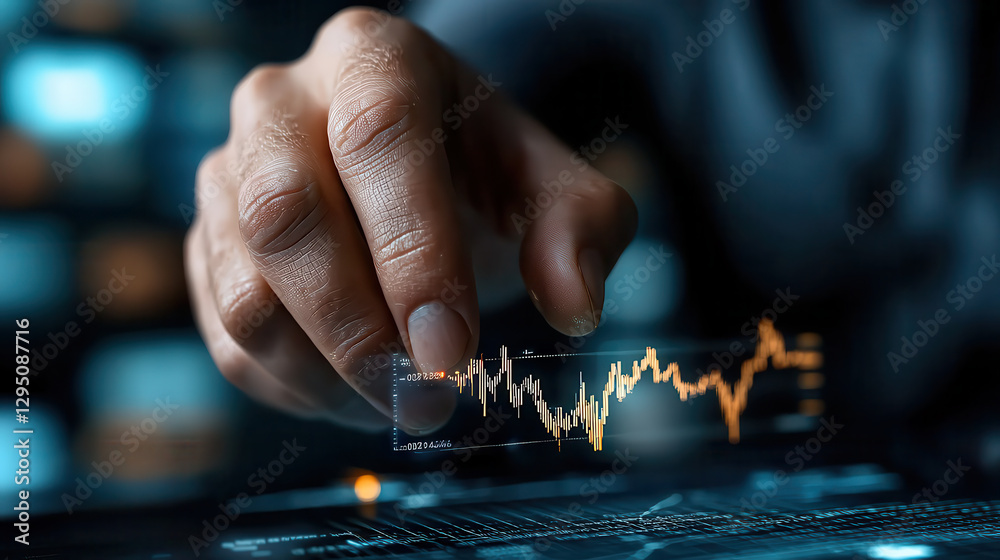 Aufkleber hand interacts with glowing financial chart, symbolizing global stock market trends and data analysis. image conveys sense of technology and finance