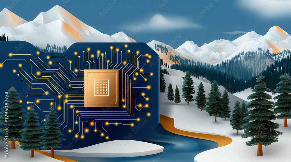 Poster glowing circuit board with ai chip is integrated into snowy mountain landscape, blending technology 