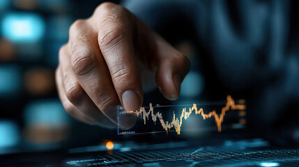 hand interacts with glowing financial chart, symbolizing global stock market trends and data analysis. image conveys sense of technology and finance