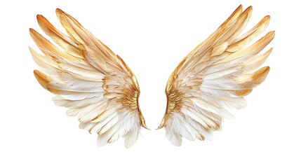 Elegant pair of gold wings and feathers isolated on transparent background, png style for digital art and graphic design projects.